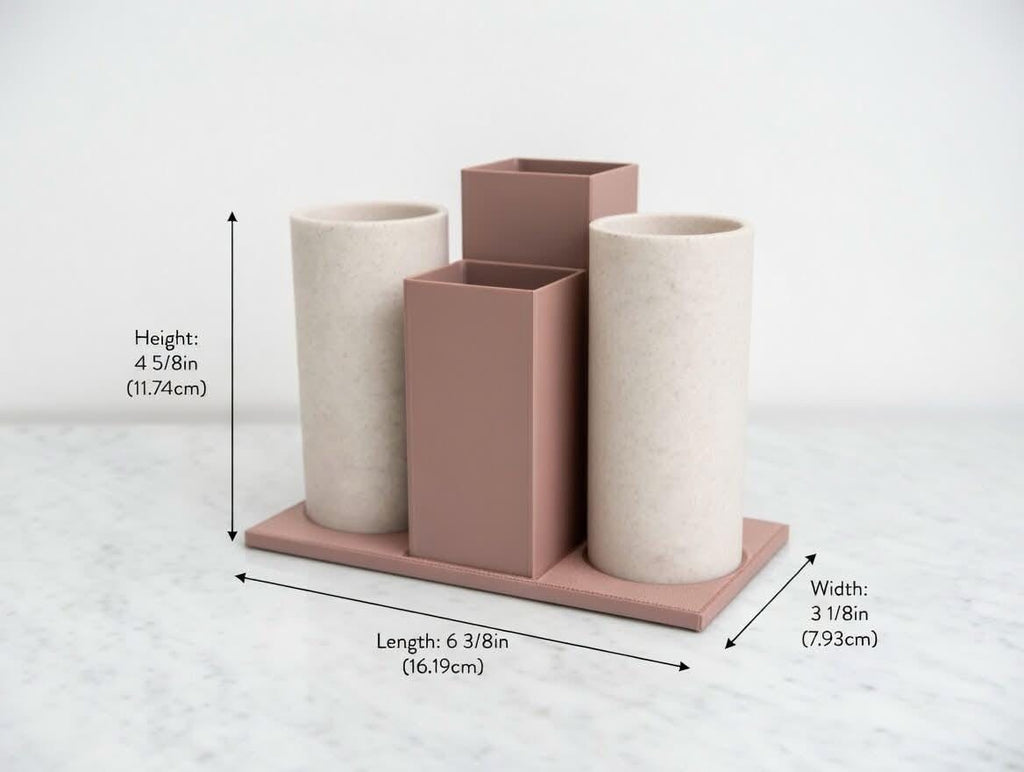 Makeup Brush Holder Rose Gold Marble | 3D Printed Vanity Desk Organizer Set