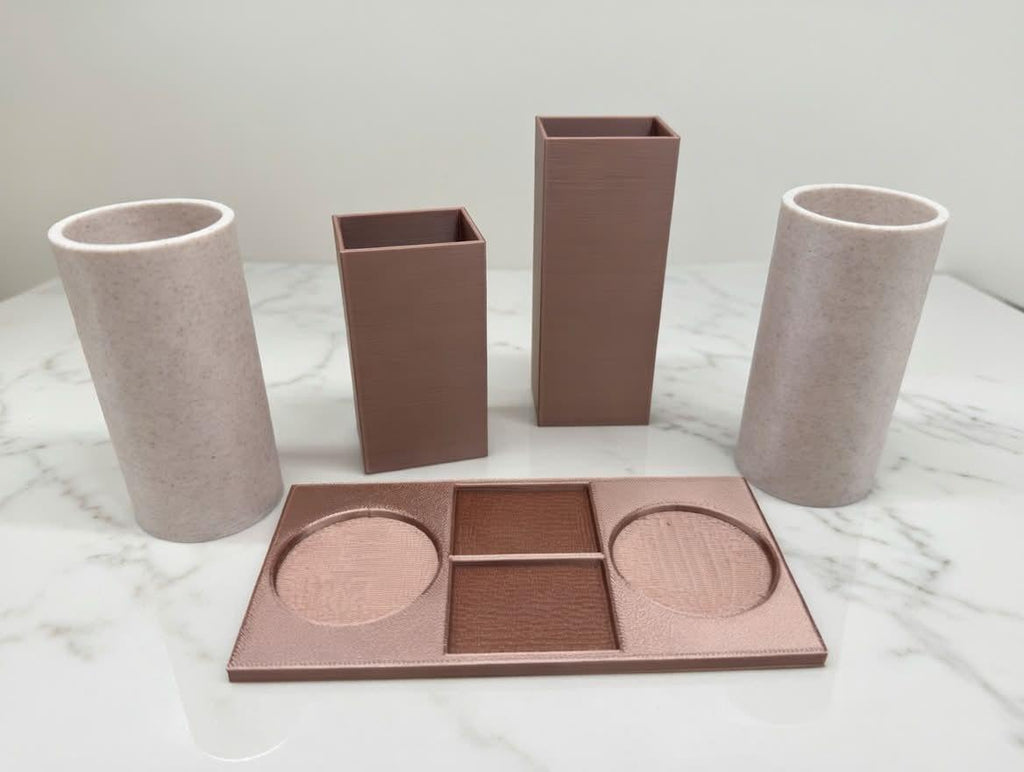 Makeup Brush Holder Rose Gold Marble | 3D Printed Vanity Desk Organizer Set