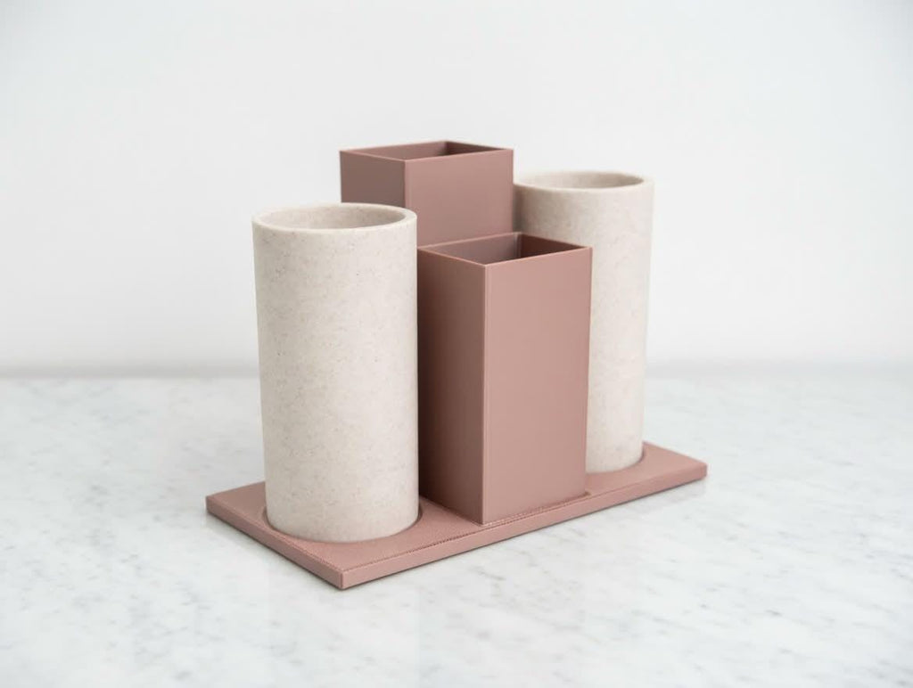 Makeup Brush Holder Rose Gold Marble | 3D Printed Vanity Desk Organizer Set