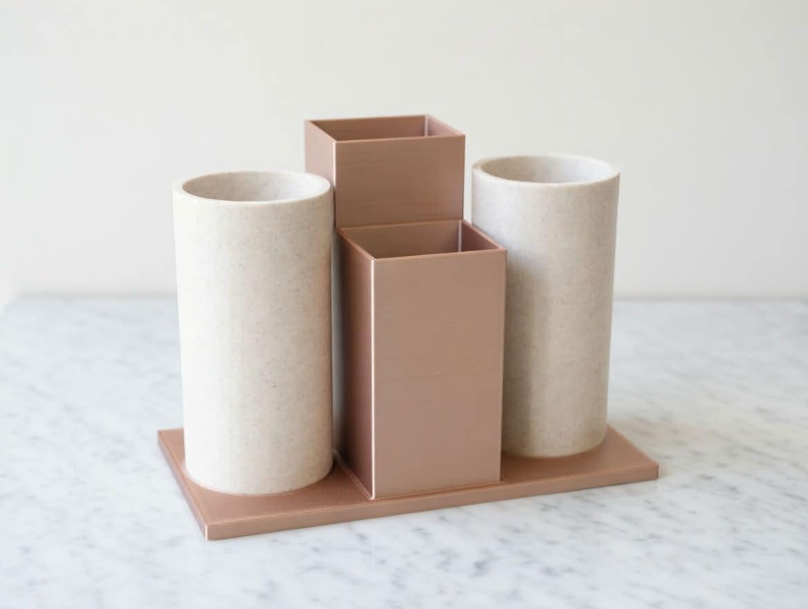 Makeup Brush Holder Rose Gold Marble | 3D Printed Vanity Desk Organizer Set