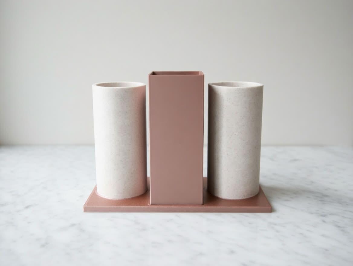 Makeup Brush Holder Rose Gold Marble | 3D Printed Vanity Desk Organizer Set